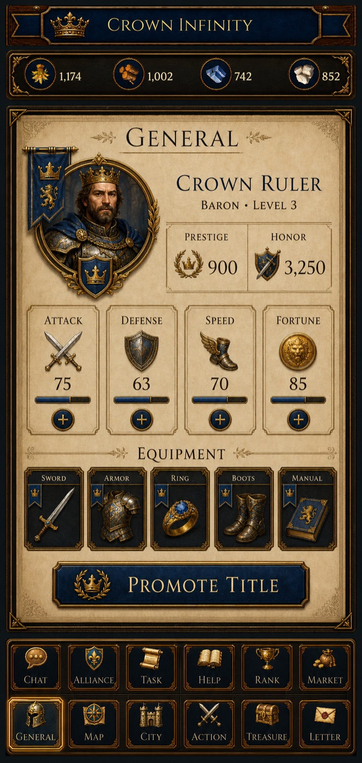 Crown Infinity ruler attributes and equipment development preview