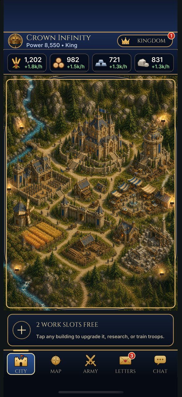 Crown Infinity current build: a crowned capital with beacons burning on its hills