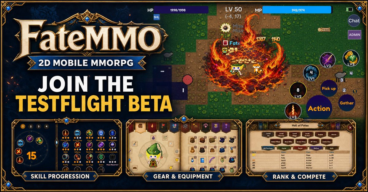 FateMMO development preview showing Mage combat, character equipment, and game menus