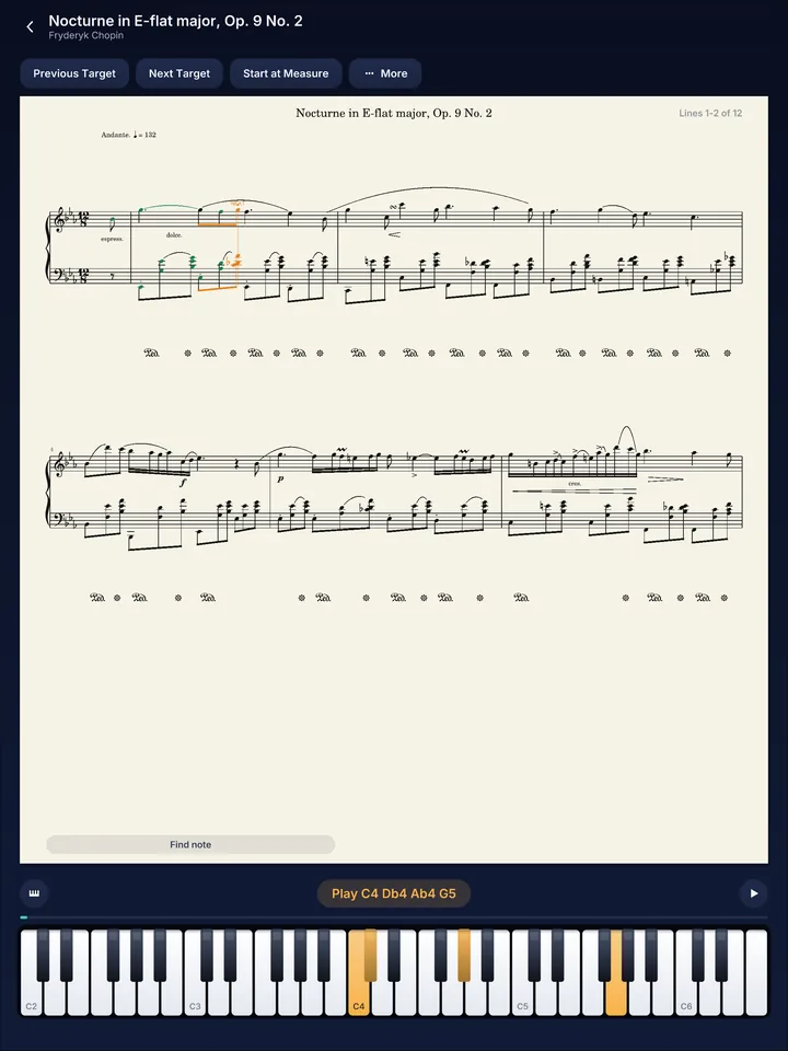 Play Along on iPad with Chopin's Nocturne in E-flat major, the next chord highlighted on the on-screen keyboard