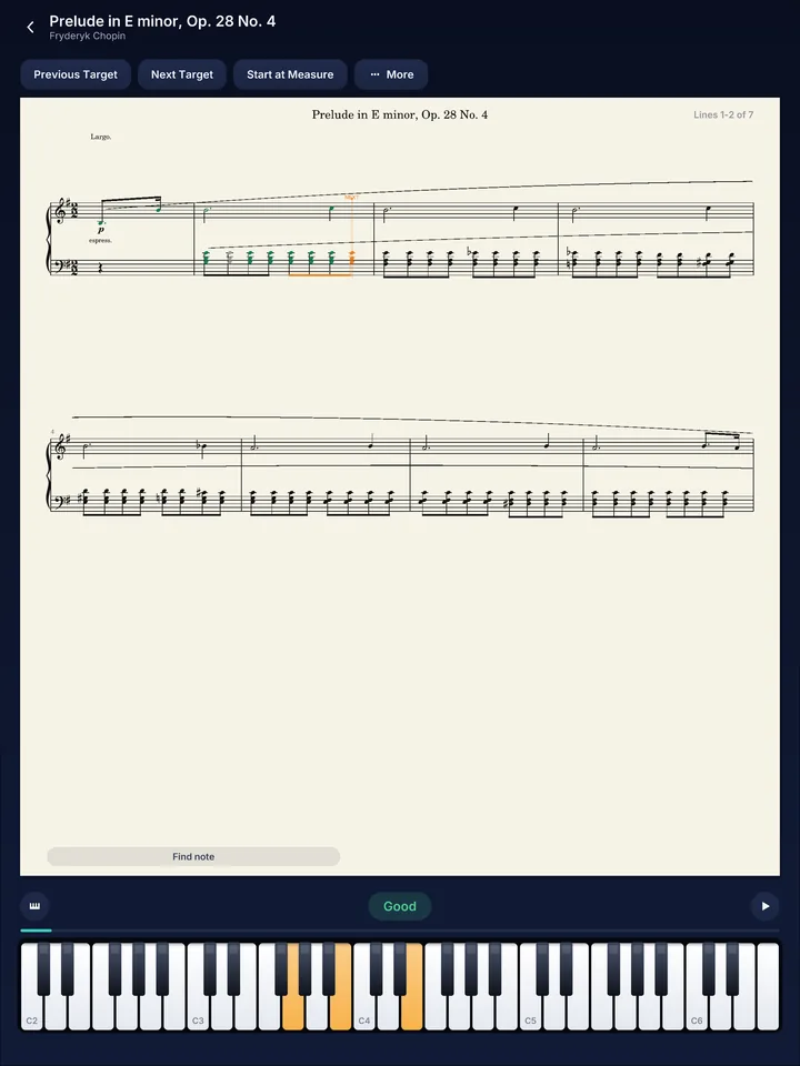 Play Along on Chopin's Prelude in E minor with Good feedback and played notes in green