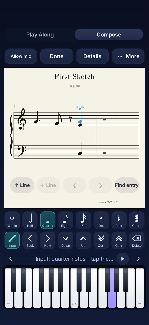 Compose on iPhone with a short sketch on a grand staff and the touch edit bar for note values, dots, rests, chords, and octaves
