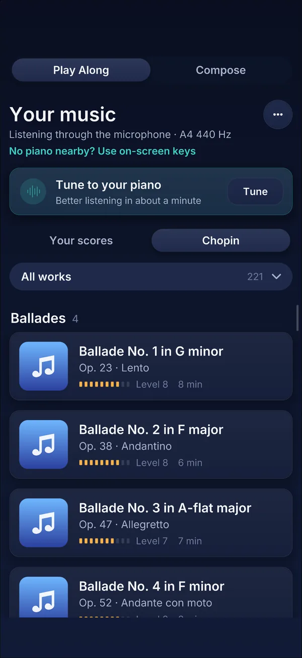 LiveNotate's Chopin library on iPhone, with ballades listed by level and length and a Tune to your piano card