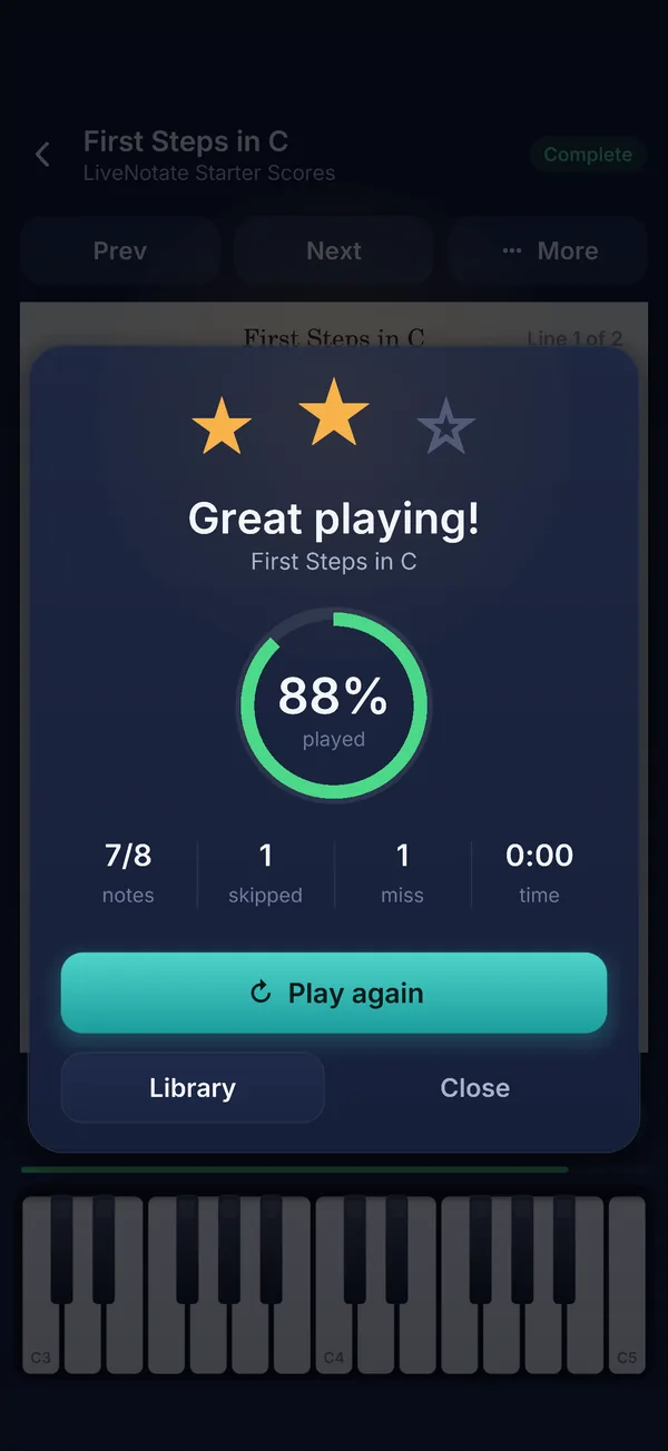Play Along results on iPhone: Great playing, 88 percent played, with stars and a Play again button