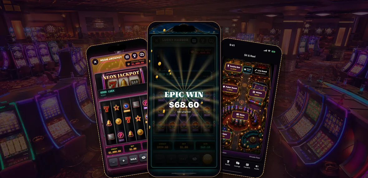 Sit & Reel current build: Neon Jackpot, an EPIC WIN and the illustrated casino floor on three phones