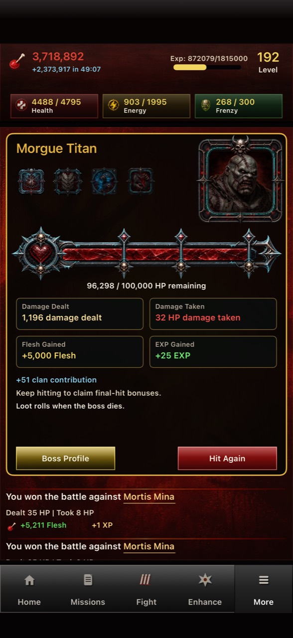 Undead Forever Morgue Titan boss battle showing damage and rewards