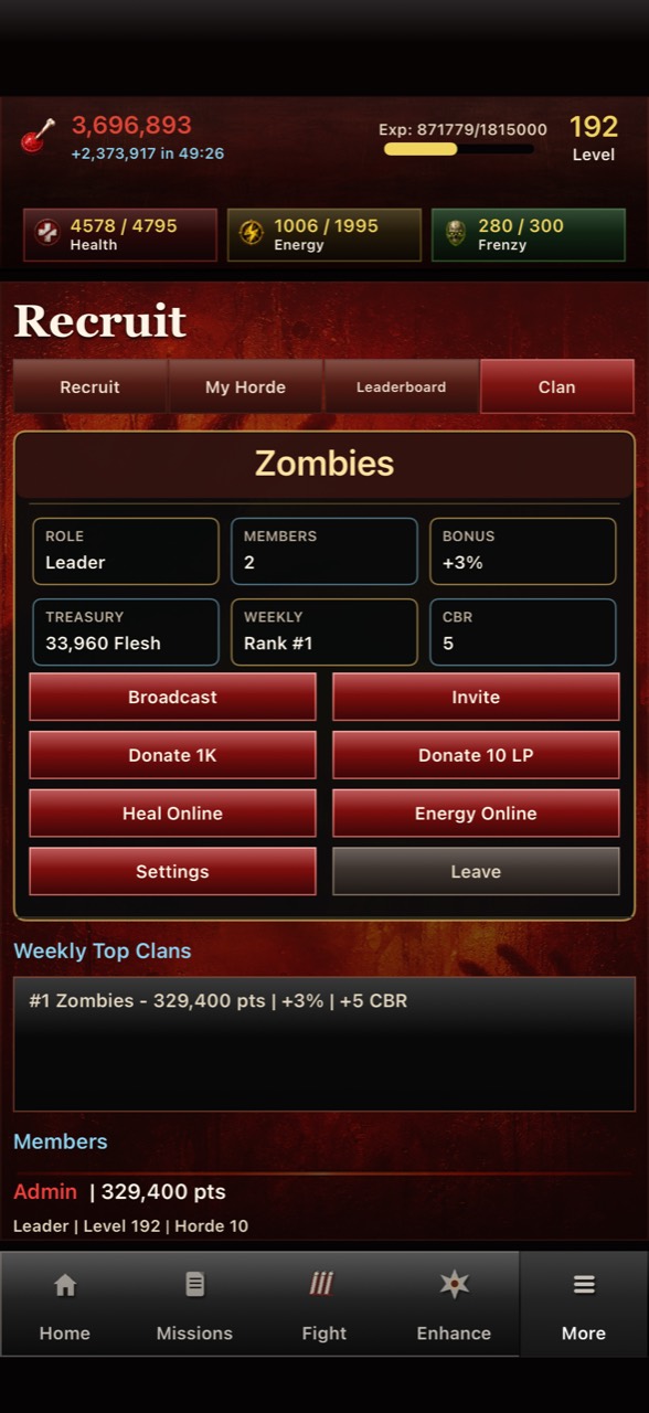 Undead Forever clan page with rank, treasury, weekly score, and roster