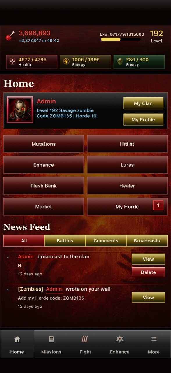 Undead Forever home screen showing player progression and clan features