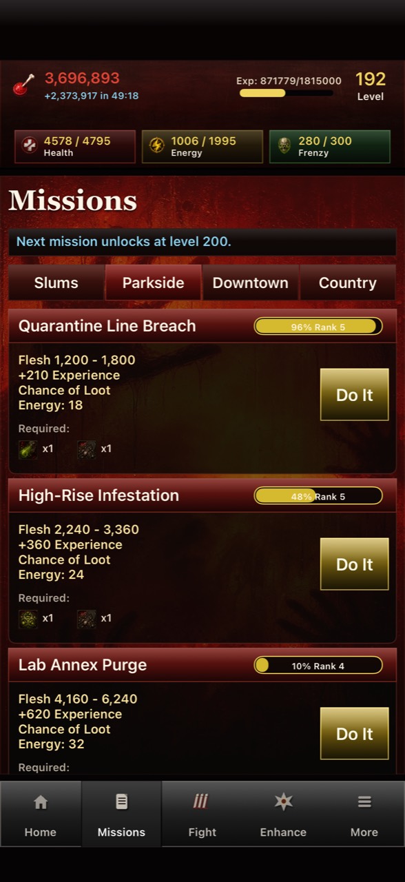 Undead Forever missions screen showing mission costs and rewards
