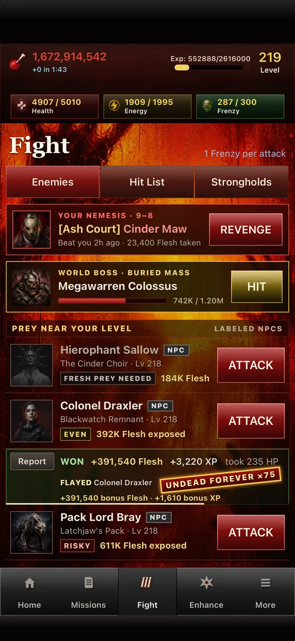 The Fight board with a kill streak running