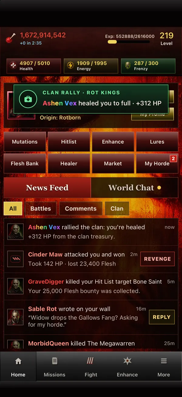 Undead Forever home screen with progression, clan, and player news