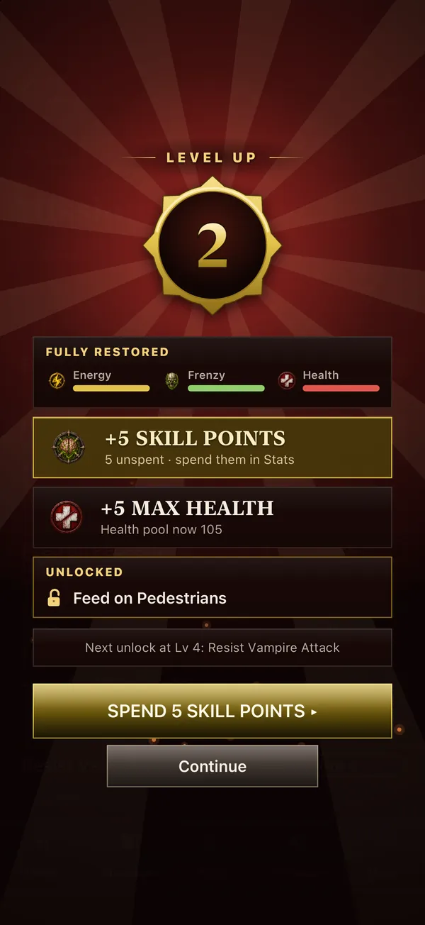 The level-up screen