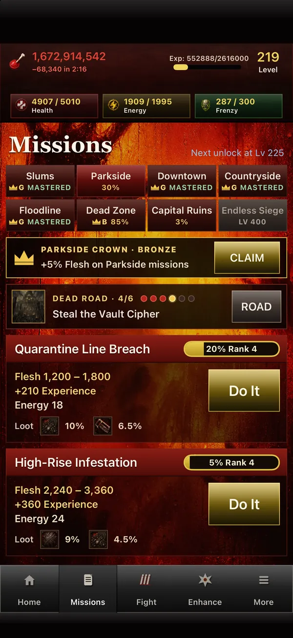 The Missions page with a region crown